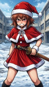 Taiga Aisaka joulupukinpuvussa puumiekan kanssa lumessa