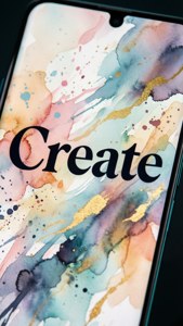 Pixel 8 -puhelimen 'Create'-typografiataustakuva ja akvarelliroiskeita
