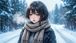 Anime-tyttö nauttimassa lumisesta talvimaisemasta.