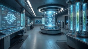 Futuristinen laboratorio hologrammeineen ultraleveässä kuvassa.