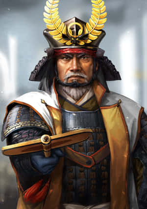 Voimakas Tokugawa-samurai seisoo korkealla, koristeellinen perinteinen haarniska, lävistävä katse ja tyyni olemus, Japanin Tokugawa-shogunaatin aikakausi. — iPhone Duo Taustakuvat