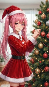 Anime-tyttö tonttupuvussa koristamassa joulukuusta