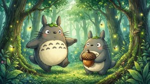 Suloisia metsänhenkiä Totorosta, nostalginen kawaii-taustakuva.