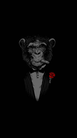 AMOLED-taustakuva tupakoivasta apinasta, jolla on yllään ruusulla kiinnitetty smokki.
