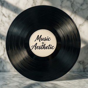 Vinyylilevy, jossa teksti 'Music Aesthetic' marmoripinnalla, minimalistinen. — Musiikkia estetiikka Taustakuvat