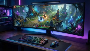 Upea valokuvamainen pelipöytä RGB-valoilla ja kaarevalla näytöllä. — Pelit GIF Taustakuvat