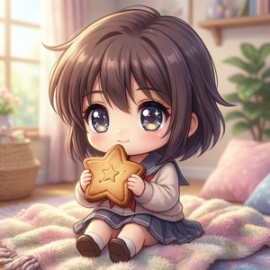 Chibi Ushio pitää onnellisena tähtikeksiä kädessään. — Infinix Zero Taustakuvat