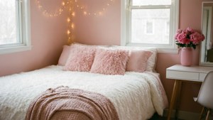 Vaaleanpunainen esteettinen makuuhuone, jossa on satulavalot ja pehmeät vuodevaatteet. — Päiväaika Taustakuvat