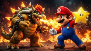 Mario kohtaa Bowserin tulikehässä, pidellen Super Tähteä, eeppisessä taistelussa. — Mario Taustakuvat