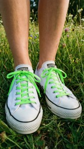 Valkoiset Converse-tossut neonvärisillä nauhoilla ruohikolla, kesäinen rento tyyli -taustakuva. — Kesäestetiikka Taustakuvat