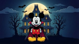 Mikki Hiiri vampyyrinä tasaväri-vektorityylillä kummitustalon kanssa.