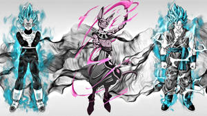 Dragon Ball Super broly Vegeta ja San Goku super saiyan -tilassa harmaalla taustalla.
