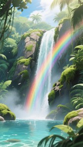 Mahtava anime-tyylinen vesiputous, jonka sumussa on sateenkaari. — Anime maisema GIF Taustakuvat