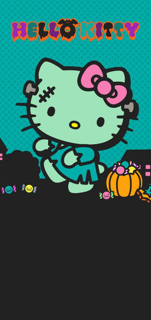Vihreä Hello Kitty Halloween-zombie -taustakuva — iPhone 15 Taustakuvat