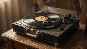 Nostalginen lähikuva levysoittimesta, jossa vinyyli pyörii.