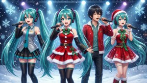 Vocaloid-hahmot esittämässä joulukonserttia lumisella lavalla