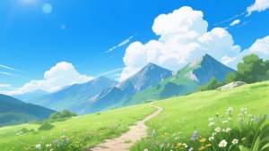 Kirkas anime-tyylinen niittypolku, joka johtaa mahtaville vuorille kirkkaan taivaan alla. — Anime maisema GIF Taustakuvat