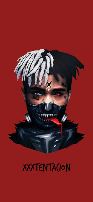 Taustakuva XXXTentacionista hammaspaljastavassa naamiossa ja punaisella taustalla. — iPhone 12 Pro Taustakuvat