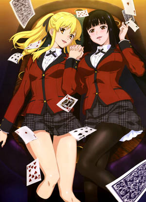 Kakegurui-taustakuva, jossa hahmot Yumeko Jabami pitää käsistä kiinni toisen oppilaan Mary Saotomen kanssa. — OnePlus Pad 3 Taustakuvat