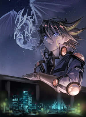 Yusei Fudo itsevarmassa asennossa Duel Runner taustalla — Kindle Taustakuvat
